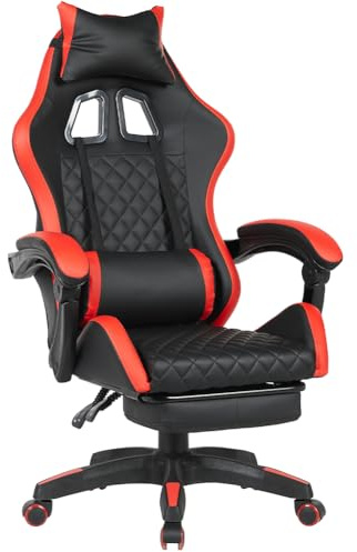 BAKAJI Sedia Poltrona Gaming Scrivana Ufficio Casa in Ecopelle Schienale Reclinabile Cuscino Lombare Poggiatesta Rotazione 360 Gradi Altezza Regolabile Base 5 Ruote (Rosso con Poggiapiedi)