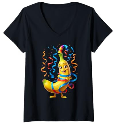 Damen Fröhliche Banane mit Konfetti – Lustiges Cartoonmotiv T-Shirt mit V-Ausschnitt