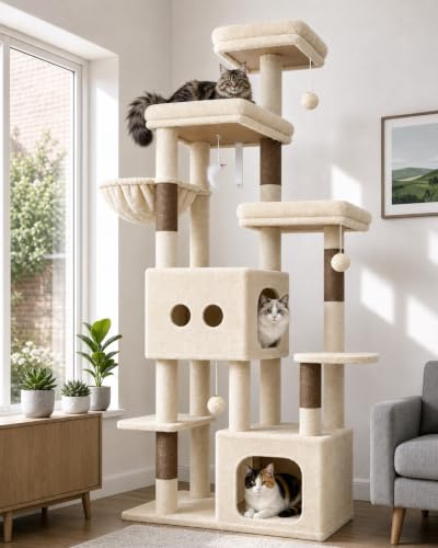 Globlazer F80E Stabil Kratzbaum XXL für 2/3/4 Große Katzen 203 cm, Beige | Katzenbaum mit 2 Extragroße Katzenhäuse, 3 Gepolsterte Plattforme, Sisal-Kratzfläche, über 2 m für Schwere Katzen, Maine Coon