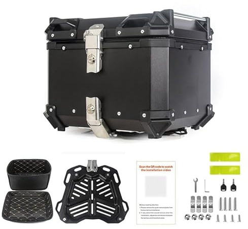 Festisoul Motorcycle Top Case, 55l Universal Motorcycle Rear Box, Aluminum Alloy Waterproof Tail Box, Motorbike Trunk Travel Luggage Storage Tour Tail Box Lockable, Flat Black