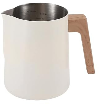 Milk Frothing Pitcher, Brocca for schiuma di caffè e latte, in acciaio inossidabile 304, con scala di precisione, manico in legno antiscottatura(600ml Beige)