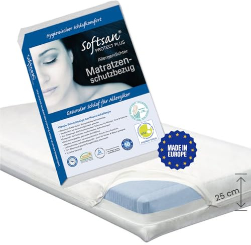 Softsan Protect Plus Matratzenbezug milbendicht 140x200x25 cm Weiß | Encasing für Hausstauballergiker · Milbenkotdicht & atmungsaktiv · Waschbar bis 95°C · 3-seitiger-Reißverschluss