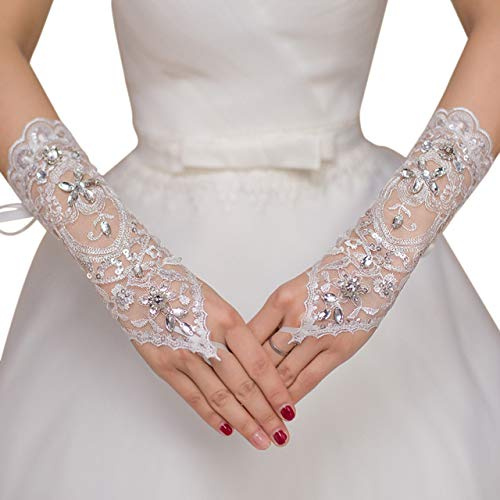 Ayliss Lace Fingerless Rhinestone Bridal Gloves - Crystal Bridal Lace Gloves for Wedding Party Opera Prom Halloween (White)