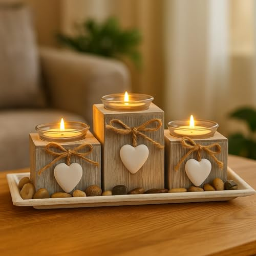 Khevga Vassoio portacandele in legno grigio, nero e bianco con cuori