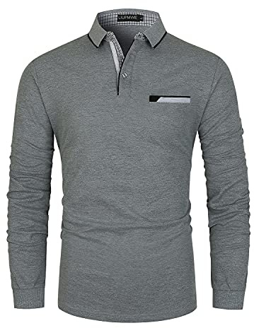LIUPMWE Mens Casual Long Sleeve Polo Shirts with Pocket Cotton Denim Collar Golf Tops