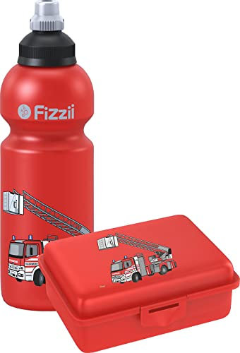 Fizzii Set Trinkflasche 600ml + Lunchbox inkl. Obst-/ Gemüsefach (schadstofffrei, spülmaschinenfest, Motiv: Feuerwehr)