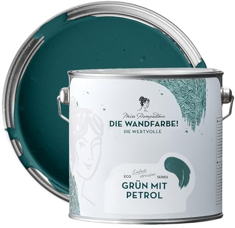 MissPompadour edelmatte Wandfarbe Grün mit Petrol 2,5L - sehr hohe Deckkraft - geruchsneutrale, spritzfreie Farbe - atmungsaktive, wasserbasierte Innenfarbe/Deckenfarbe - Die Wertvolle