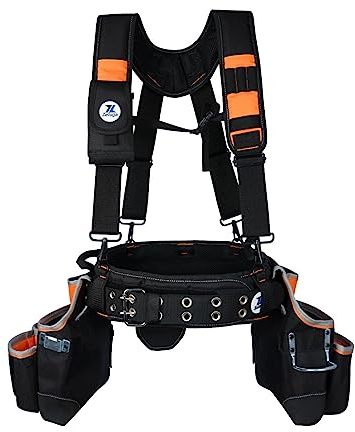 Zeluga 20-216 Multiple Large Pockets Tool belts for men with Suspenders, 4 Padded toolbelt, Steel Hammer Holster, Carpenter Tool Pouch, Professional Tool Vest for men Construction, Black/Orange