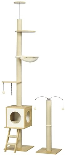 PawHut Árbol para Gatos Techo Ajustable 40x40x225-285 cm Beige