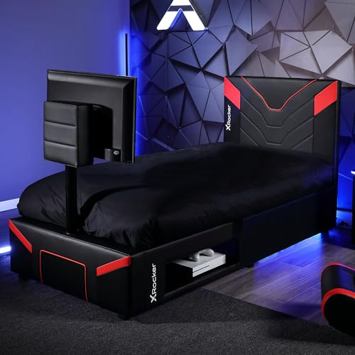 X-Rocker Cerberus Twist 3ft Single, Gaming Upholstered TV Bed Frame - Rotating 32 VESA Mount, Console Storage, Wooden Slats, Wipe-Clean Faux Leather for Kids & Teens - Carbon Red - 90x190cm