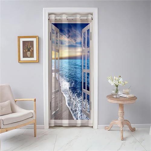 Odot Tende Oscuranti per Interni con Occhielli, Tende per Porta con Stampa Spiaggia del Mare Blu 3D, Tenda Divisore della Stanza, Armadio, Soggiorno, Camera da Letto, 1 Pezzo (Stile L,80x180cm)
