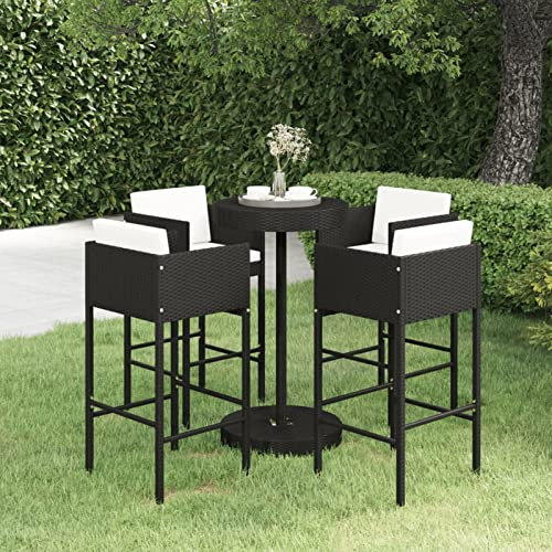 Gecheer Gartenbar Set 5-TLG.mit Kissen Theke Bar Tresen Gartentheke Bartisch Stehtisch Barhocker Barstuhl Gartenmöbel Poly Rattan Schwarz