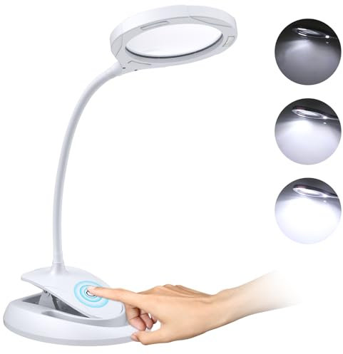 COLFULINE Magnifying Glass with Light, 5X 10X Dimmable Magnifying Lamp, Rechargeable Magnifying Desk Lamp with Base & Clamp, 3 Adjustable Brightness Magnifying Glasses for Hobbies, Reading, Crafts