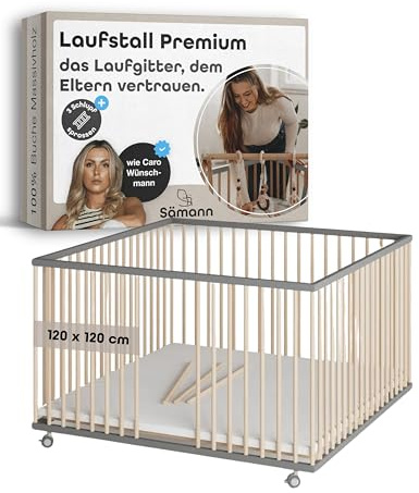Sämann Laufstall Baby mit 3 Schlupfsprossen | TÜV geprüft | stufenlos höhenverstellbar | Laufgitter Premium | Babybett aus Holz | Krabbelgitter (grau/natur, 120x120 cm)