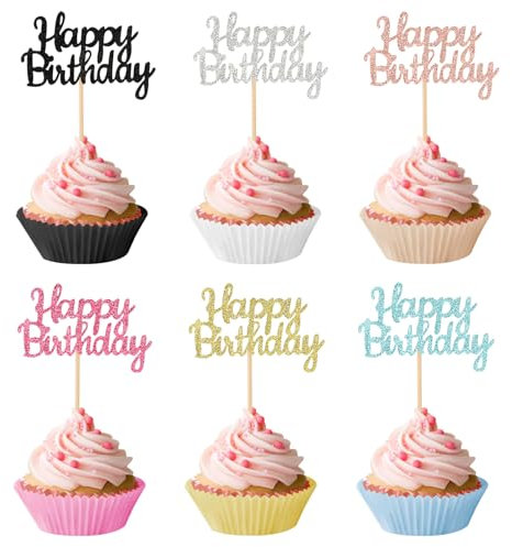 Confezione da 24 topper per cupcake con scritta Happy Birthday, glitterati, 6 colori, decorazioni per torte di compleanno, anniversari, celebrazioni, torte e cupcake