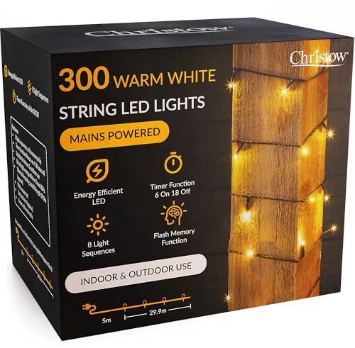 CHRISTOW Christmas Fairy Lights, Warm White LED String Lighting with Timer, Indoor & Outdoor, Tree Lights, Mains Operated, 8 Light Modes Flashing & Static, Green Cable (300 LED / 30m Lit Length)