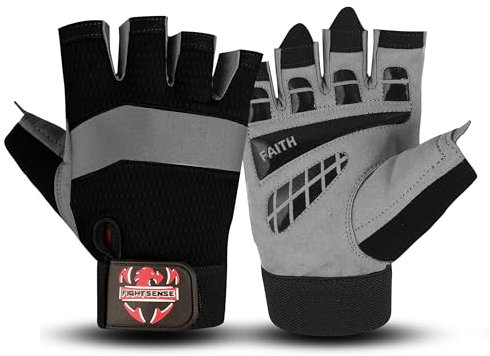 FIGHTSENSE Fitness-Handschuhe für Männer und Frauen, Gewichtheber-Handschuhe, verbesserter Grip, gepolsterte Handfläche, verstellbare Handgelenksriemen, atmungsaktive Fitnessübungen (Grau, L)