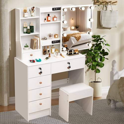 Puselo Schminktisch mit Beleuchtung und Hocker, Einstellbarer Helligkeit Kosmetiktisch mit Schiebespiegel - 6 Schubladen & 6 Ablagen, Makeup Tisch für Schlafzimmer (80x36x131cm)