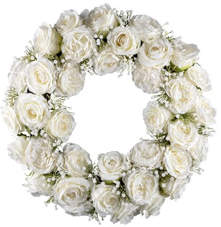 CREATIV green künstlicher Rosen-Kranz 49cm in Creme I künstlicher Kranz mit Rosen aus Textil und künstlichem Schleierkraut I Kunstblumen-Deko für Hochzeit, Kommunion, Taufe I hochwertiger Blütenkranz