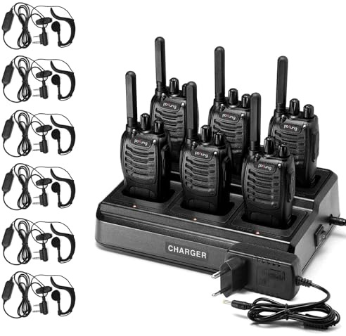 Pofung PT88E Talkie Walkie Professionnel, Chargeur à 6 Voies | PMR446 VOX Longue Portée Talkie Walkie pour Restaurant Hôtel Hospitalité École (6 pièces, Oreillette)
