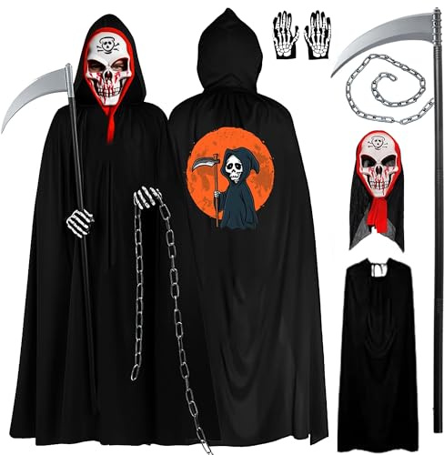 Giggleye Sensenmann Kostüm Halloween – schwarzer Umhang mit Kapuze, Totenkopf Maske, Handschuhe, Sense & Eisenkette, Grim Reaper Set für Erwachsene & Jugendliche, Karneval, Cosplay & Halloween Party