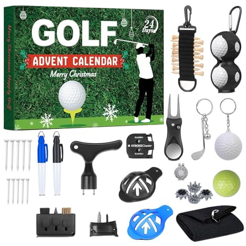 Golf adventskalendrar 2025, 24-dagars jul nedräkningskalender, med golfbollar, t-shirts, bollmarkörer, för män kvinnor flickor far pojkvän