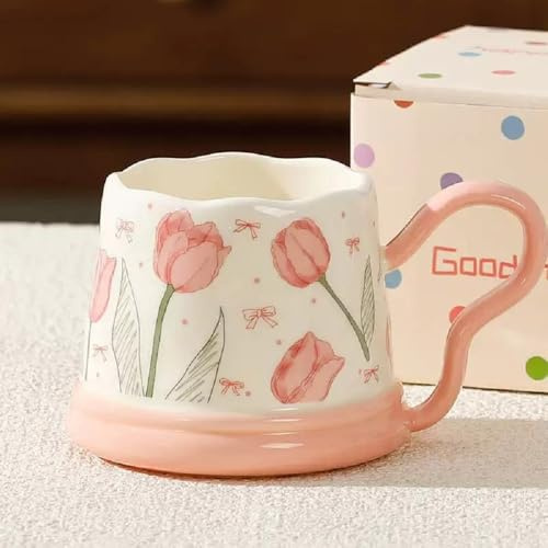 Huiyiwert Porzellan Blumentasse Frühling Blumenmuster Kaffeebecher süße Kaffeetasse Henkelbecher spülmaschinenfest Milchbecher für Kaffee Milch Tee Cappuccino Kakao Müsli (Rosa-Tulpe)