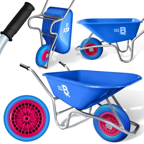 Bertie 110L Puncture Proof Wheelbarrow – 250KG Heavy Duty Builders Wheelbarrow, Solid Tyre Blue Polypropylene Garden Cart & Outdoor Yard Trolley for Soil & Gravel