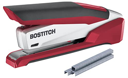 Bostitch Office InPower Spring-Powered Premium Desktop Stapler - One Finger, No Effort, Red/Silver (1117)