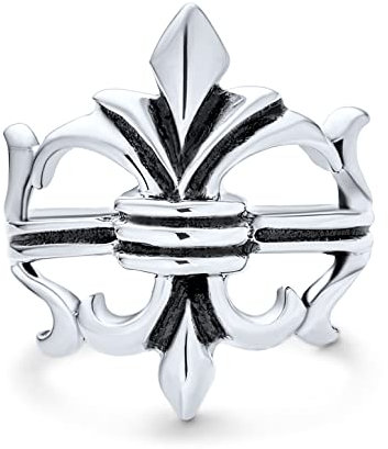 Bague Sceau Unisexe En Argent Sterling .925 Oxydé Style Antique Religieux Fleur De Lis Symbole Maçonnique