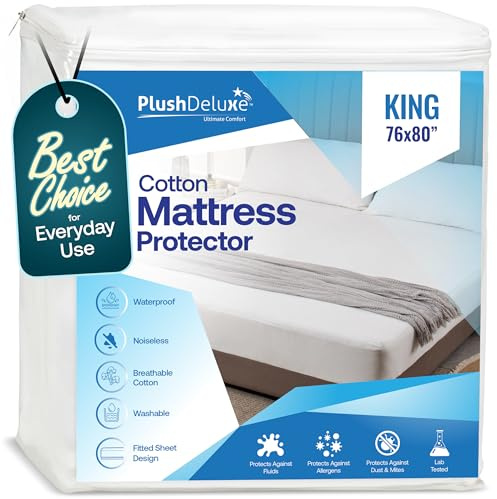 PlushDeluxe King Mattress Protector, Breathable Soft Terry Cotton Fitted Sheet Bed Cover with Deep Stretchable Pockets, 100% Waterproof, Noiseless, Hypoallergenic, Dust Mite Proof, 76x80x15