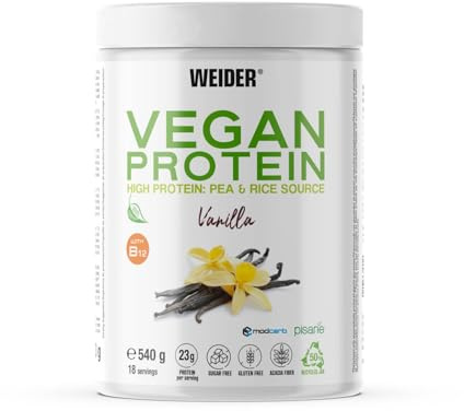 Weider Vegan Protein (540g) Vanilla Flavour. 23g Protein/dose, Pea Isolate (Pisane) & Rice Proteins. with Vitamin B12 & Stevia. Gluten Free, Sugar Free. Packaging 50% Recycled, 100% Recyclable