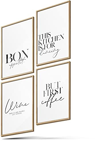 BLCKART Premium Küchen Poster Set Stilvolle Küche Bilder Wandbilder mit Sprüchen Esszimmer Poster Deko (Dancing Coffee & Wine, A4 (ohne Rahmen))