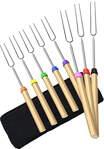 DIKER Grillspieße Teleskop Marshmallow, Stockbrot Stöcke Roasting Sticks Schaschlikspieße, Lagerfeuerspieße Edelstahl Ausziehbar, Grillstab, Grillbesteck Set für Camping Grill (8 Farben, Edelstahl)