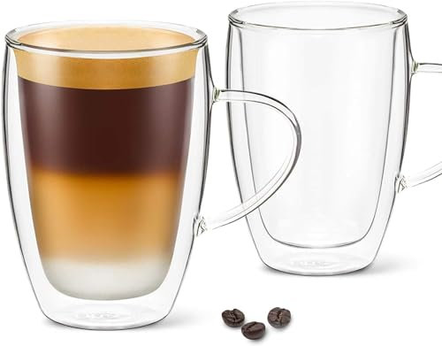 DLux Latte Coffee Mugs 350ml, 12oz Latte Clear Glass Set of 2 Cups with Handles, Double Wall Insulated Borosilicate Glassware Cup - Tea Glasses