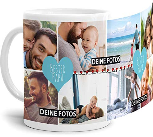 Tassendruck Fototasse mit Spruch - Bester Papa - zum Selbst gestalten mit Foto-Collage für 8 Fotos, Weiß, 300 ml