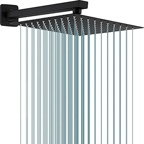Rain Shower Head Black with Extension Arm 12 Inch Square Shower Head with 16 Inch Shower Arm Large Stainless Steel Rainfall Showerhead Matte Black Waterfall Full Body Coverage by GGStudy