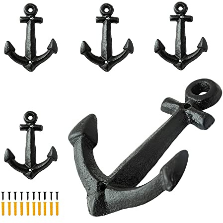 0-moyi 5 Packs Anchor Shape Hooks Vintage Hook Cast Iron Wall Wood Mounted Coat Hat Hooks Antique Black