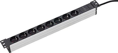 as - Schwabe 8-fach Steckdosenleiste 19“ RACK, für universellen Einbau in 19 Zoll Netzwerkschränke, Aluminium-Gehäuse, 2 m Kunststoffmantelleitung, 45°-Anordnung, IP20, Silber/Schwarz/Aluminium 18193