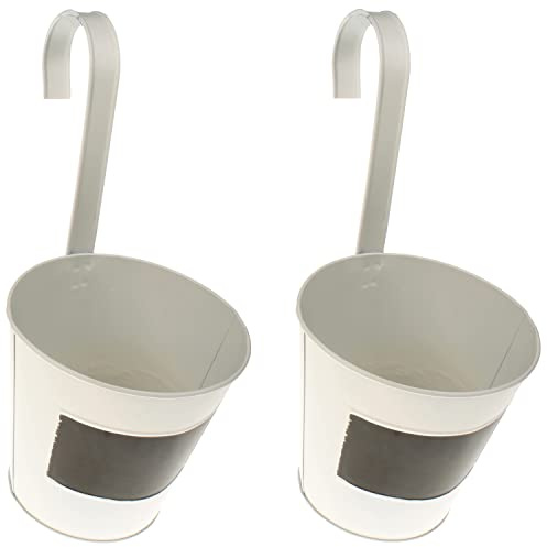 MACOSA CP45435_x2 Blumentopf zum hängen 2er Set Metall Weiß Shabby Hängeblumentopf Balkontopf Blumentopf Geländer Geländertopf Blumenleiter Pflanzgefäß Topf