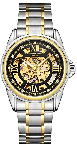 Anthony James Automatiska armbandsur i skelett för män – handmonterat vatten- och repbeständig analog klocka med delad sekundräknare – analoga klockor män – 5 års garanti, 2-ton guld och stål
