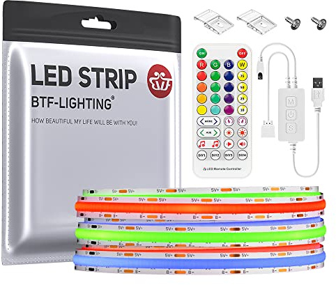 BTF-LIGHTING FCOB RGB USB LED Streifen Kit 1M 576LEDs/m COB DC5V IP30 | LED Strip mit SP613E-USB Controller und 2pc Befestigungsclips und Schrauben für DIY Heimdekoration