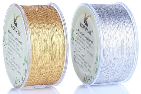 KONMAY 0,2 mm Lametta-Faden mit Etui, 600 m, metallisch-goldener und silberfarbener Schnur für Schmuckherstellung, Basteln, Dekoration, Geschenkverpackung, Weihnachtsschmuck zum Aufhängen