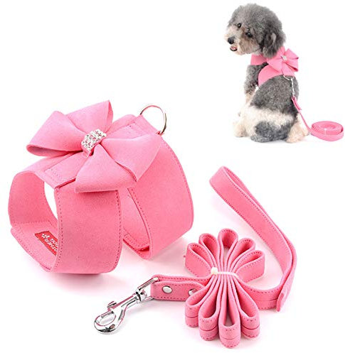Hundegeschirr und passende Leine Set Mädchen Bling Strass No-Pull Puppy Weste Doggie Cat Walking Trainingsgeschirr Weiches Wildleder Halsband verstellbar for Yorkie Chihuahua Small Pet Dog Pink M/3 (