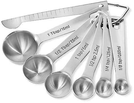 GAILY YOUTH Measuring Spoon Stainless Steel Measuring Spoons Set 7 Pcs, Measuring Tablespoon with Metric and British units for Measuring Liquid and Dry Seasoning (Round Silver)