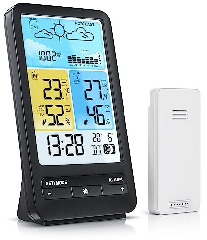 CSL - Wetterstation Funk mit Farbdisplay und Außensensor - DCF Signal - DST - Innen und Außentemperatur - Temperaturwarnung Alarm Frostalarm - (relativer) Luftdruck - Barometer - Temperaturtrend