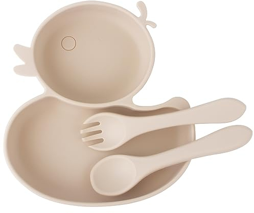 nohlerlife Babytallrik med sugkopp, barntallrik med sugkopp med sked och gaffel, BPA-fri babyservis, silikon, kan användas i diskmaskin och mikrovågsugn (beige)