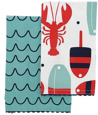 Pavilion – Hummerwelle – Set mit Zwei dekorativen Geschirrtüchern, 50,8 x 71,1 cm, Sommer, Strand, Boot, Ozean, Wasser, Meer, nautische Küchendekoration