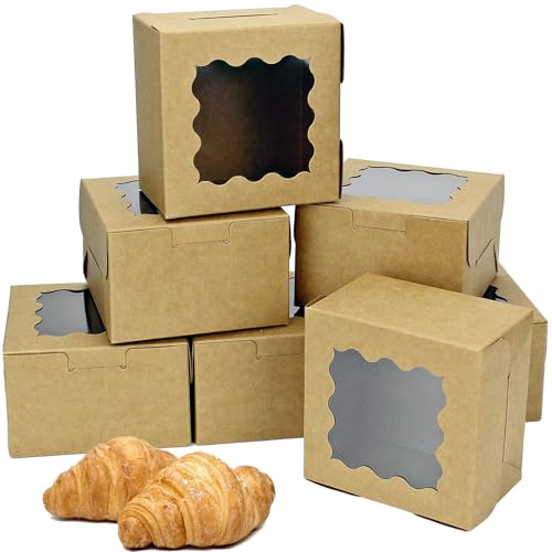 YankMooM 15-teiliges Kraft-Kuchenkarton mit Fenster, braune Bäckereikartons mit Display-Karton, Keksboxen für Kuchen, Erdbeeren, Donuts, Muffins, Makronen (10x10x6,4 cm)