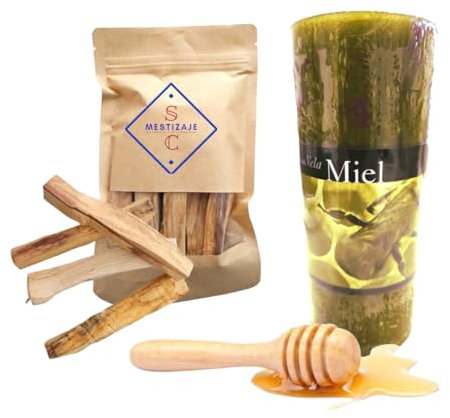 Vela de Miel de Abeja para Rituales, 4 Palo Santo | Ritual Mágico de Buena Suerte y Oración, velón abrecaminos de miel e Incienso Natural | velas de miel Hechas a Mano | Sin Parafina